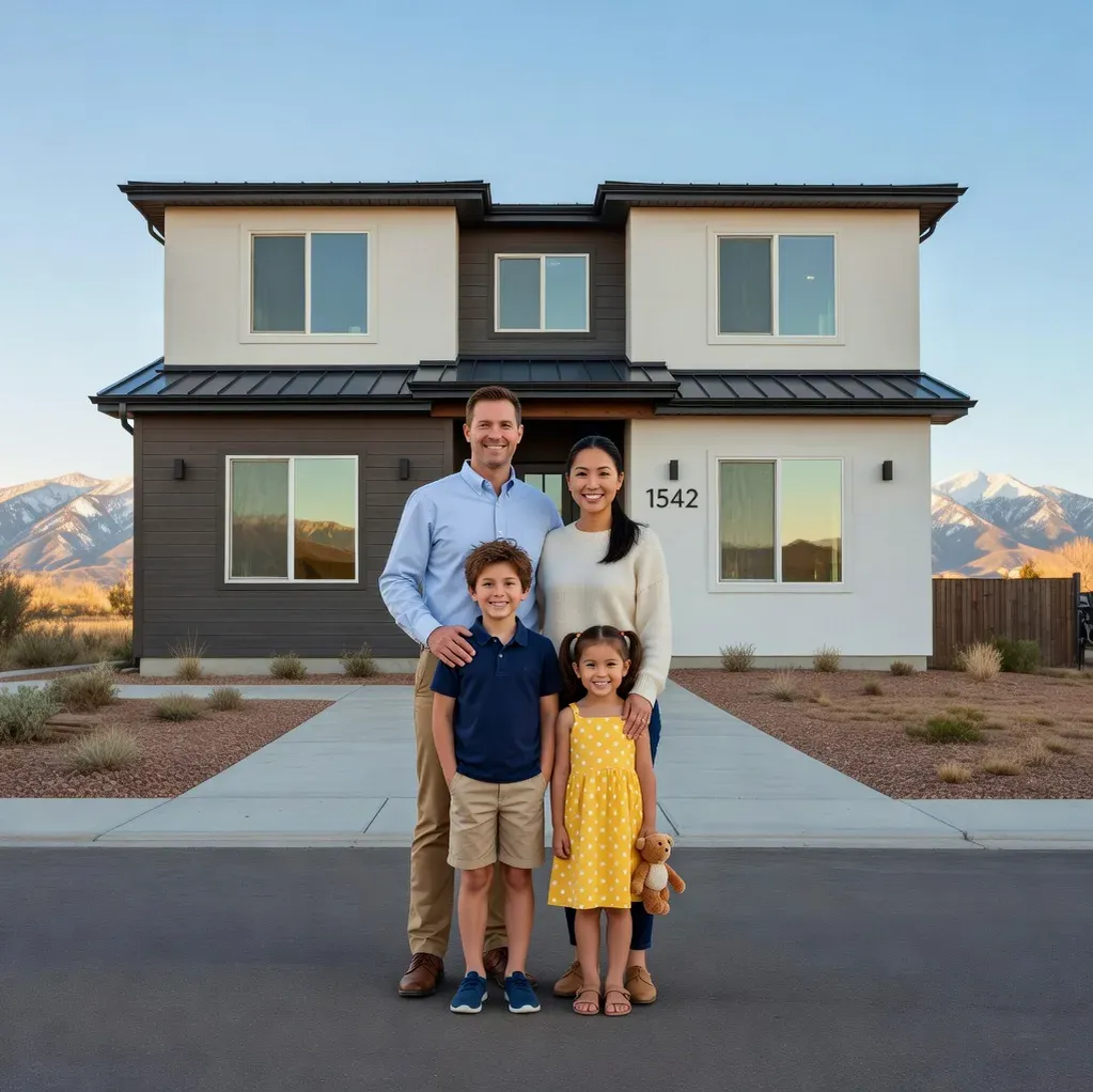 Happy family in front of their new Colorado home — Forward and Reverse Mortgage Denver CO NMLS #2449910